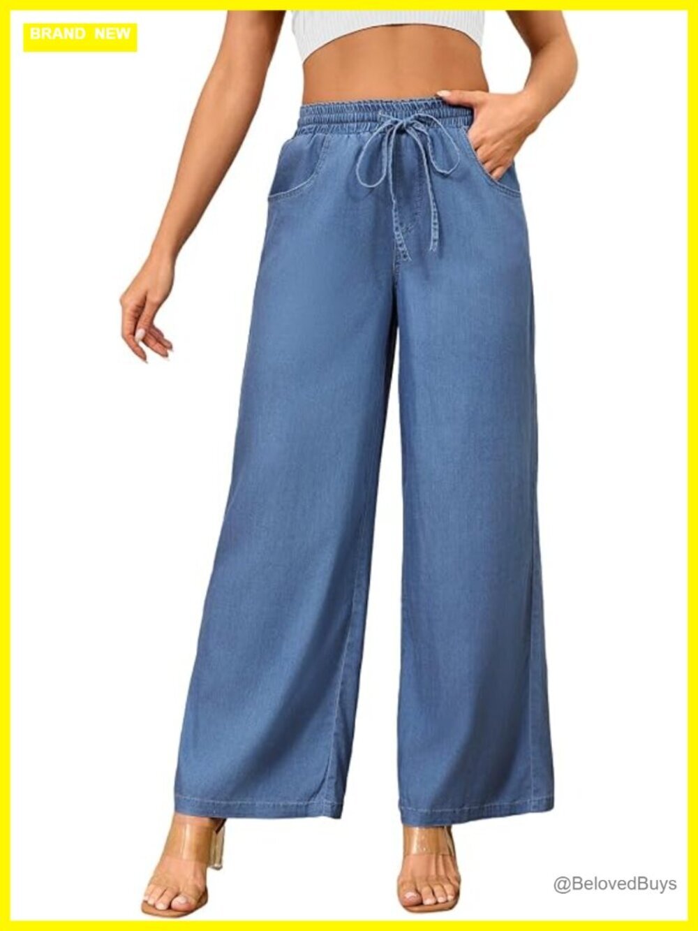 High Waisted Wide Leg Jeans - Straight Leg Adjustable Drawstring Waist Loose Fit